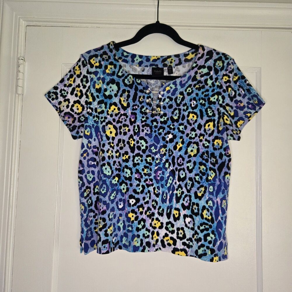 Rafaella Womens Multi Color Leopard Print Scoop Neck Top Shirt Size LP